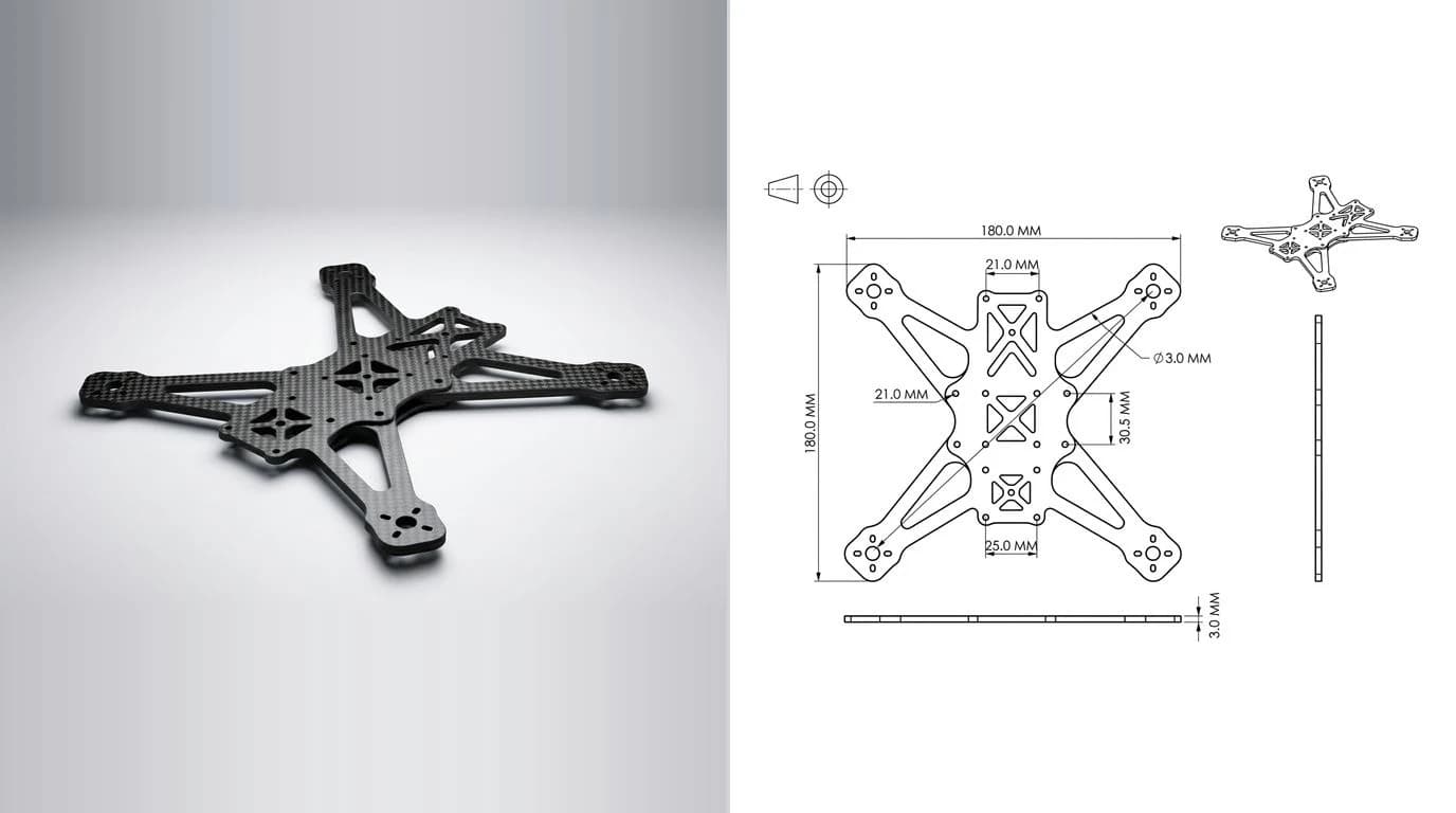 A photo of a flat carbon fibre drone frame plate with arm cutouts on the left and its dimensioned technical drawing on the right