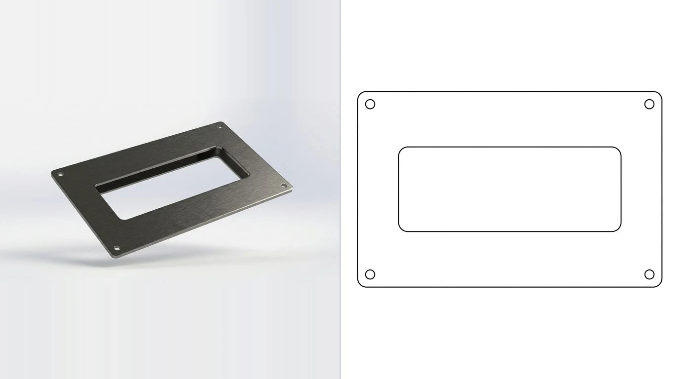 A photo of a flat laser cut steel plate with a central slot on the left and its closed cutting outline on the right
