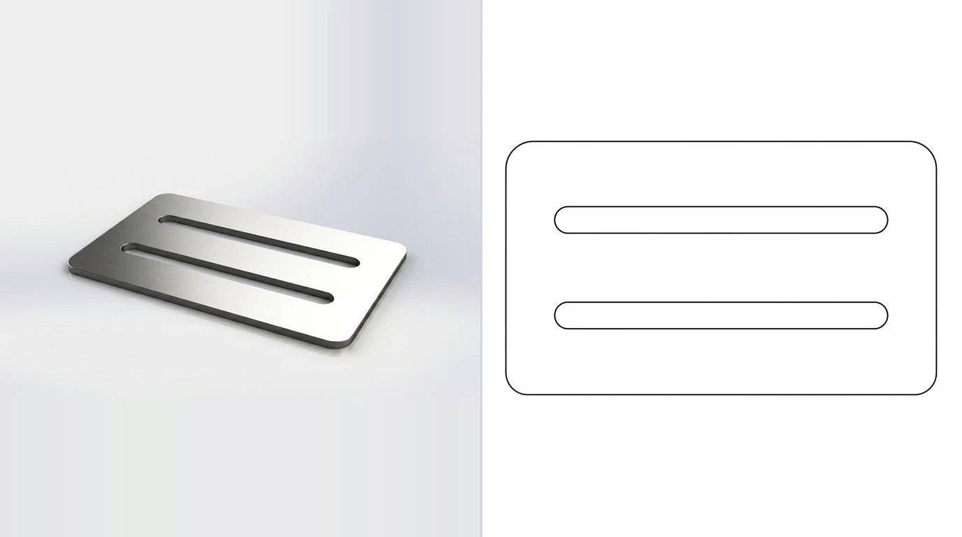 A photo of a flat steel bracket blank with two slots on the left and its closed cutting outline on the right
