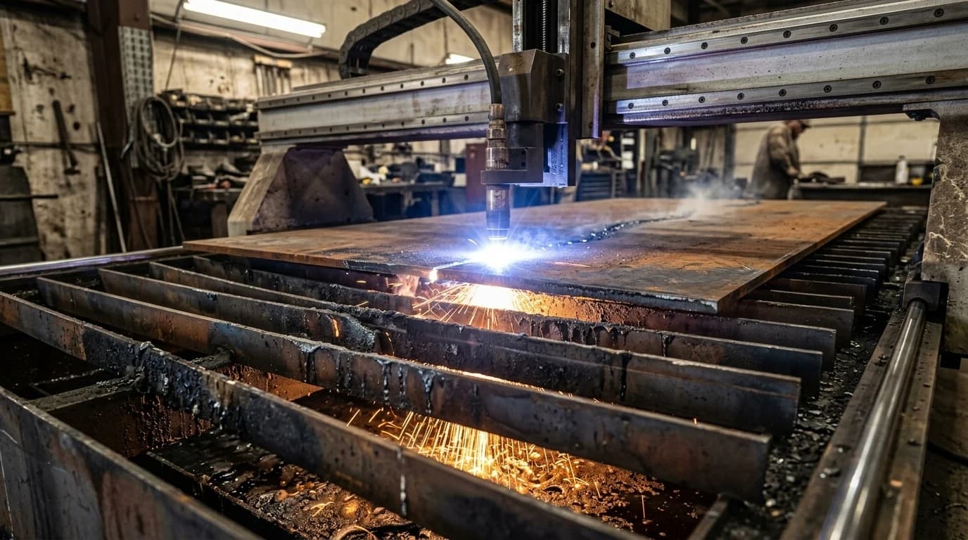 A CNC plasma table cutting a steel plate with a bright arc and sparks under the torch head