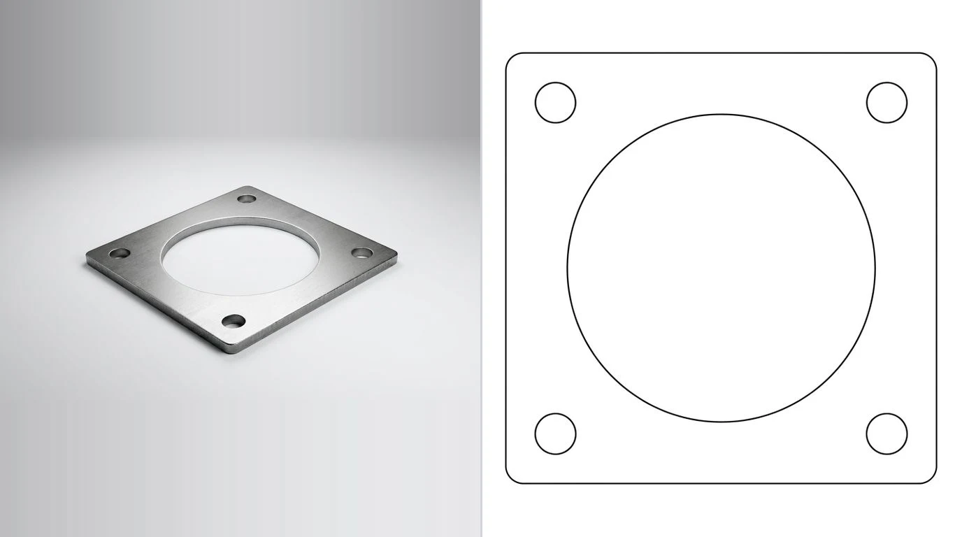 A photo of a flat cut steel plate with a large central opening on the left and its closed cutting outline on the right
