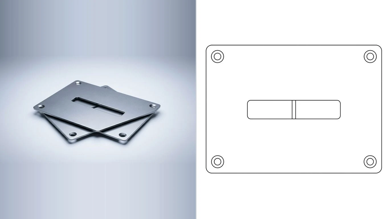 A photo of a flat laser cut steel plate with a slot on the left and its closed cutting outline on the right
