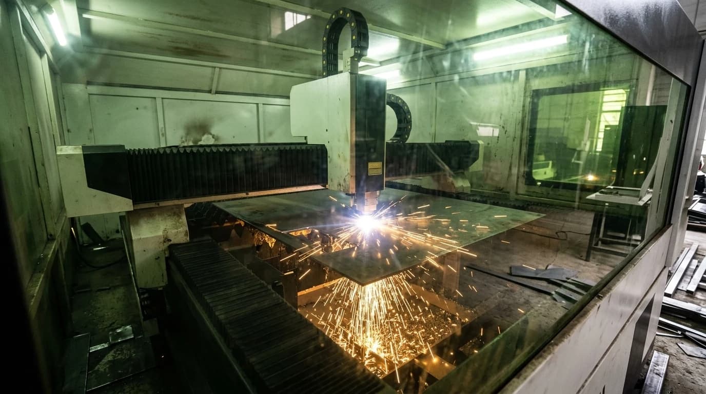 An industrial fibre laser cutting machine cutting a steel sheet with sparks below the head