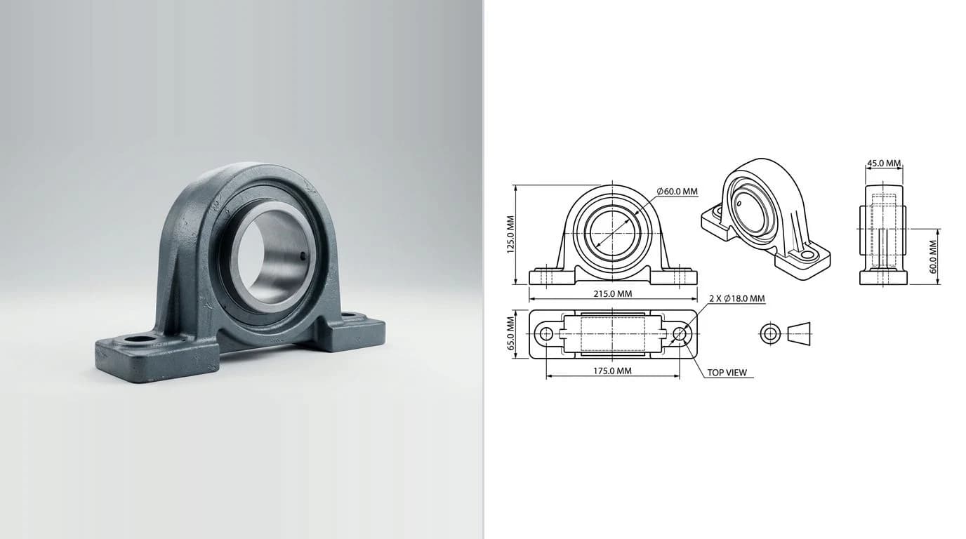 A photo of a cast iron pillow block bearing housing with a large central bore on the left and its dimensioned technical drawing on the right