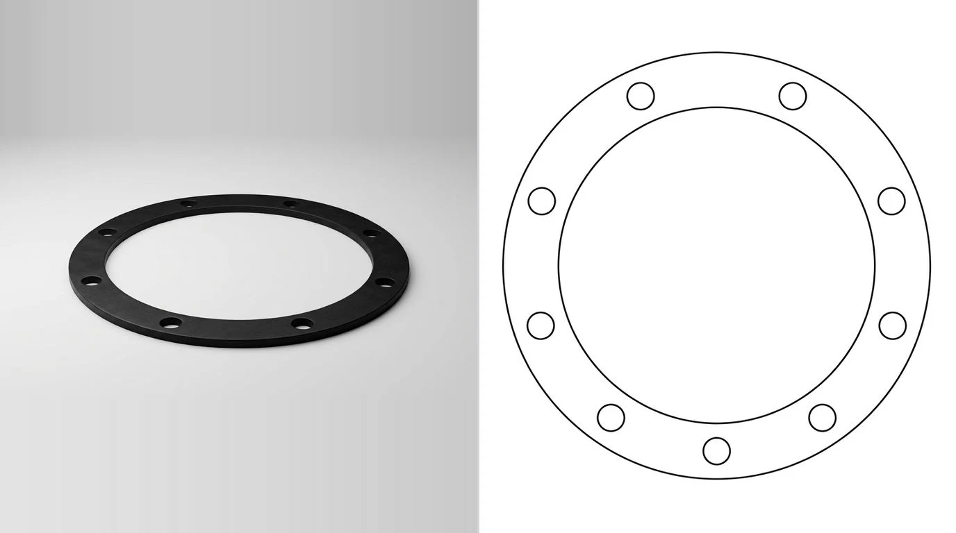 A photo of a flat rubber gasket ring with bolt holes on the left and its closed cutting outline on the right