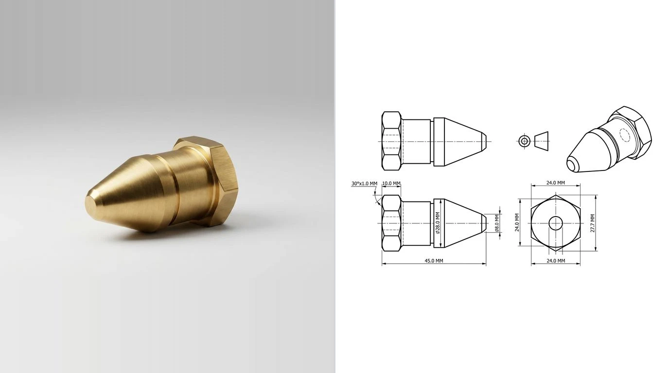 A photo of a turned brass fitting with a tapered nose on the left and its dimensioned technical drawing on the right