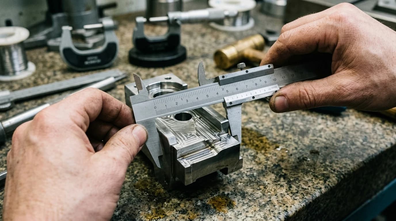 Hands measuring a machined steel part with a vernier caliper on an inspection bench