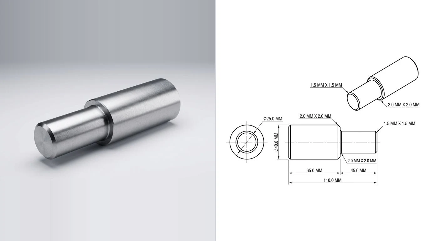 A photo of a machined steel stepped shaft on the left and its dimensioned technical drawing on the right, showing diameter and length dimensions