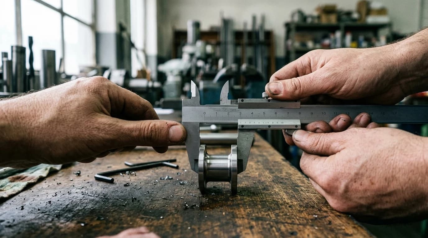 Hands measuring a small machined steel part with a vernier caliper on a workbench