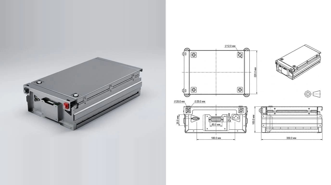 A photo of a folded sheet metal electronics enclosure on the left and its dimensioned technical drawing on the right