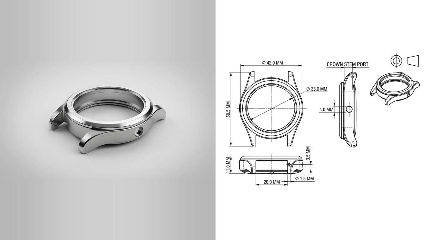 A photo of a machined stainless steel watch case on the left and its dimensioned technical drawing on the right