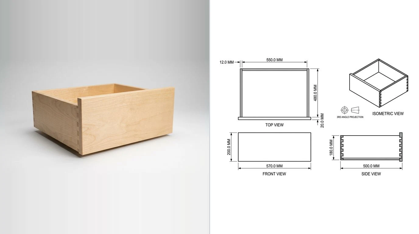 A photo of a plywood drawer box with visible corner joints on the left and its dimensioned technical drawing on the right