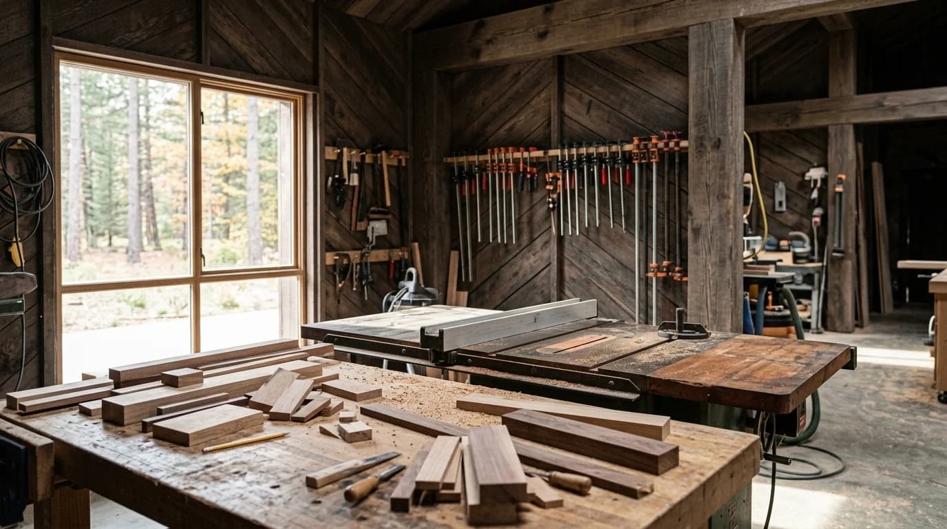 A woodworking shop with a table saw, clamps on the wall and offcuts on a bench