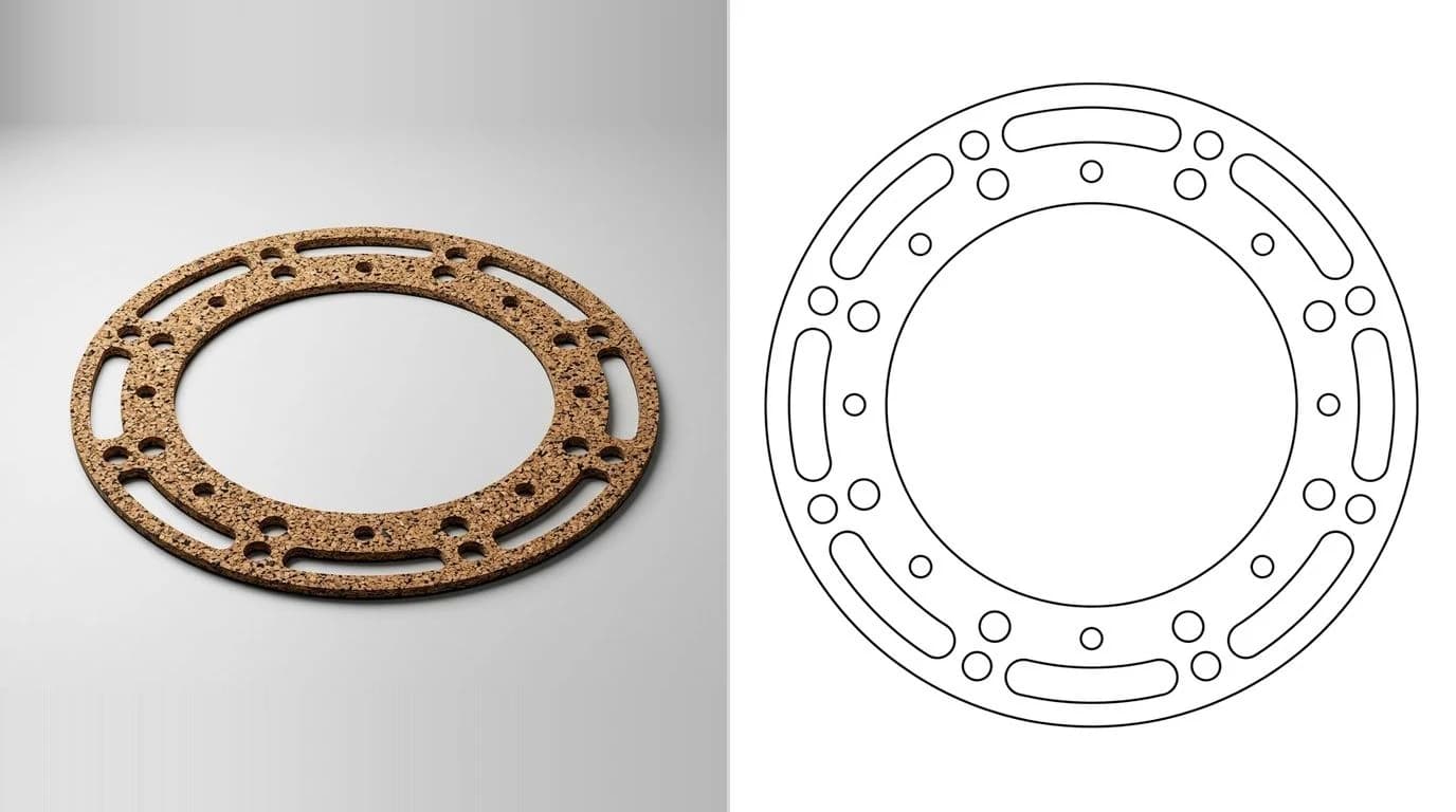 A photo of a flat cork gasket with a ring of bolt holes on the left and its closed cutting outline on the right