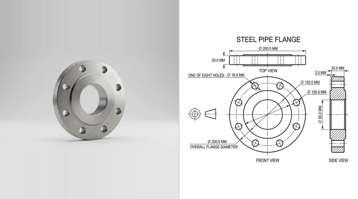 A photo of a steel pipe flange with a bolt circle on the left and its dimensioned technical drawing on the right
