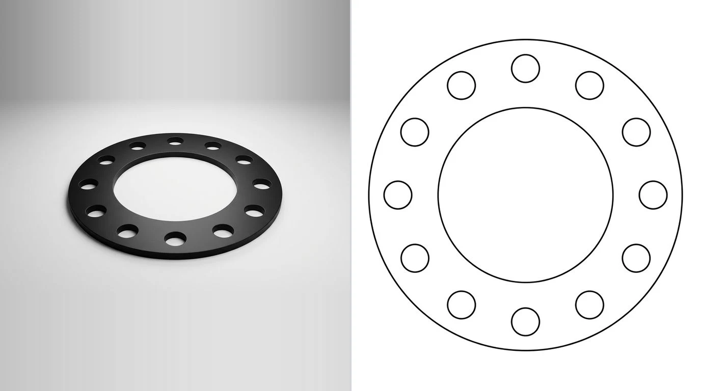 A photo of a flat rubber gasket ring with bolt holes on the left and its closed cutting outline on the right