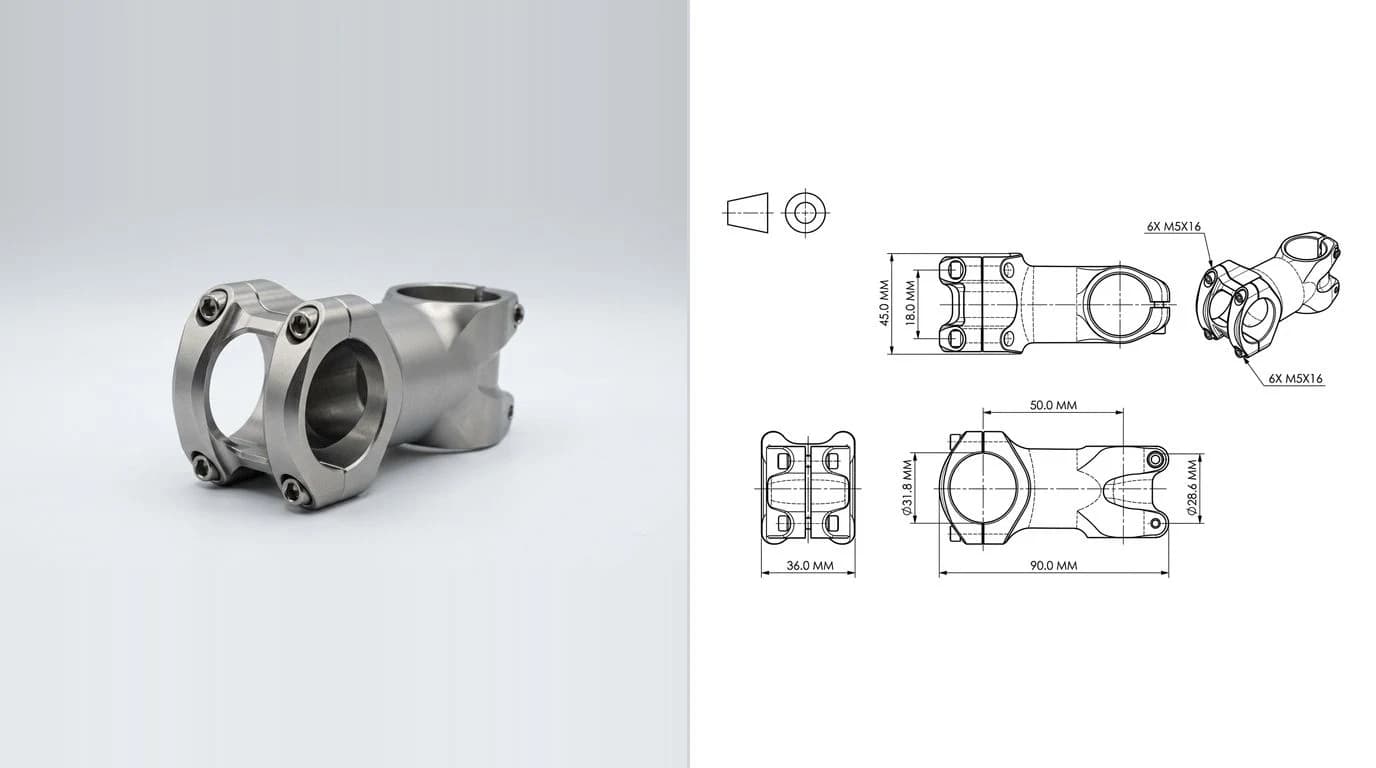 A photo of a machined aluminium bicycle stem with a faceplate on the left and its dimensioned technical drawing on the right