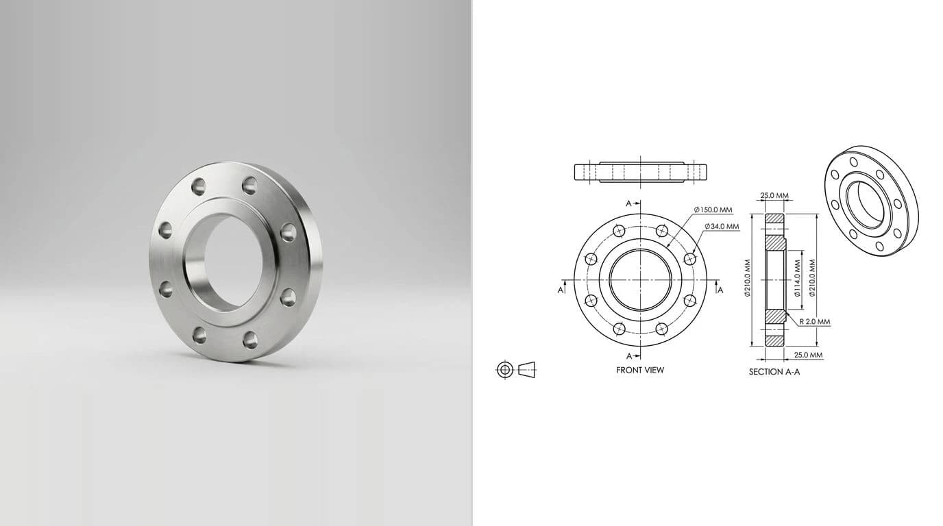A photo of a steel pipe flange with a bolt circle on the left and its dimensioned technical drawing on the right