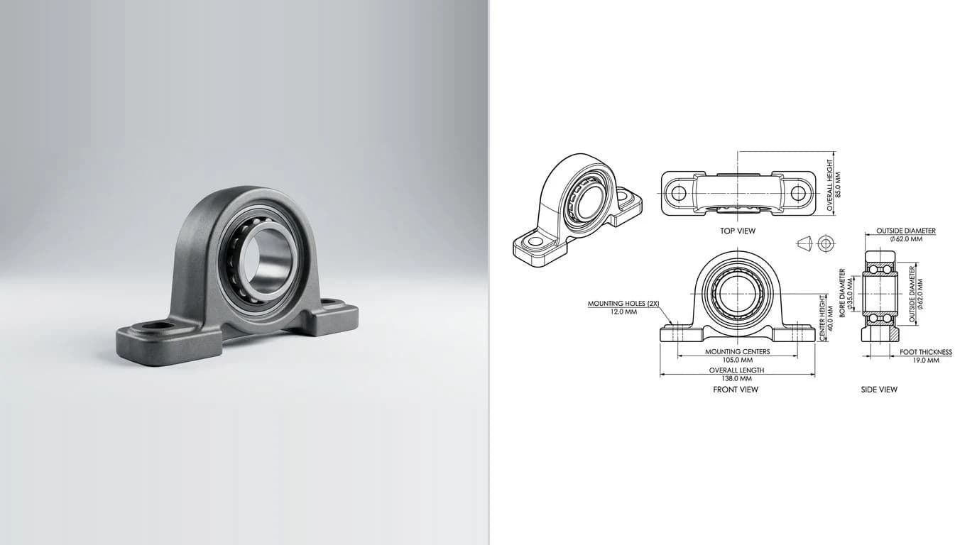 A photo of a cast iron pillow block bearing housing on the left and its dimensioned technical drawing on the right