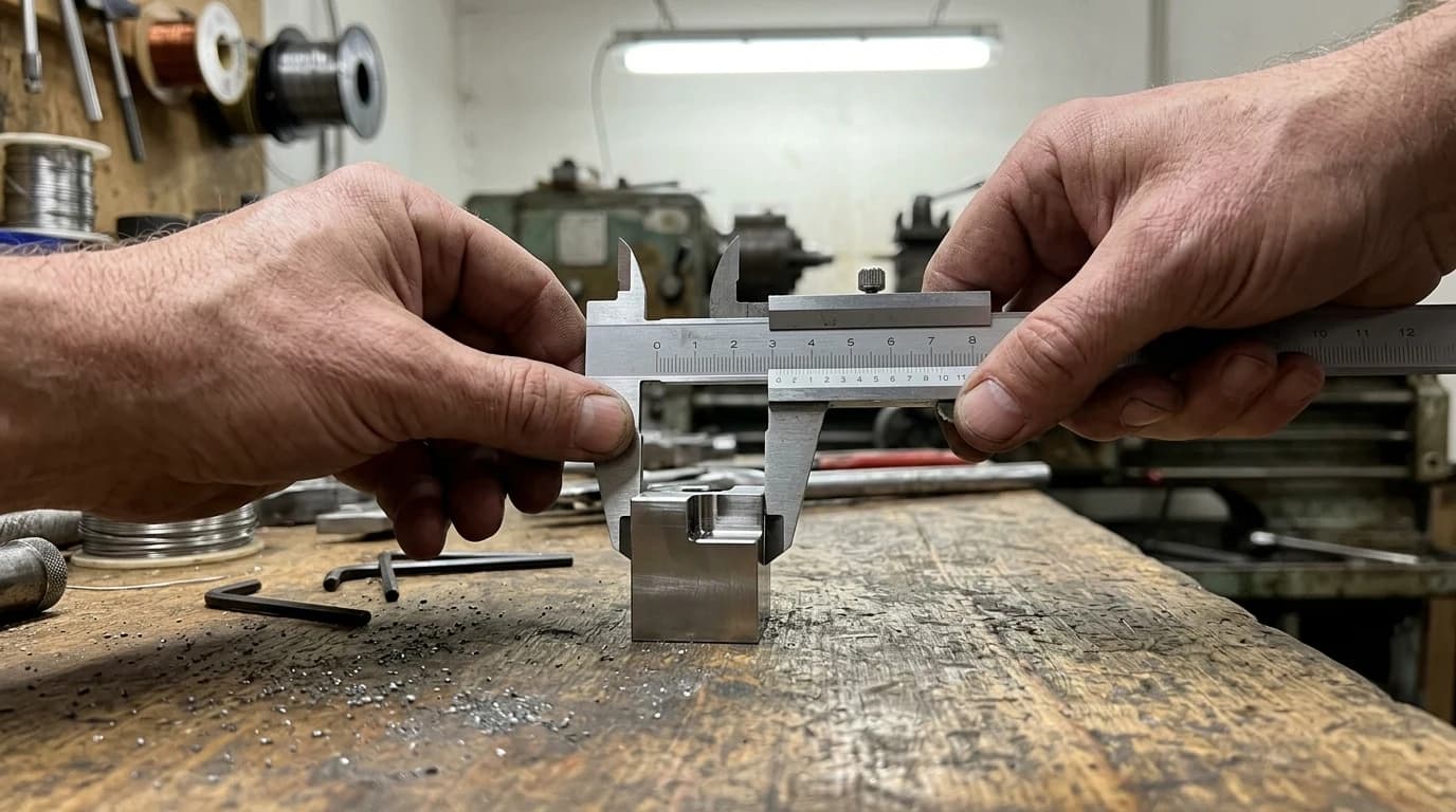 Hands measuring a small machined steel part with a vernier caliper on a workbench