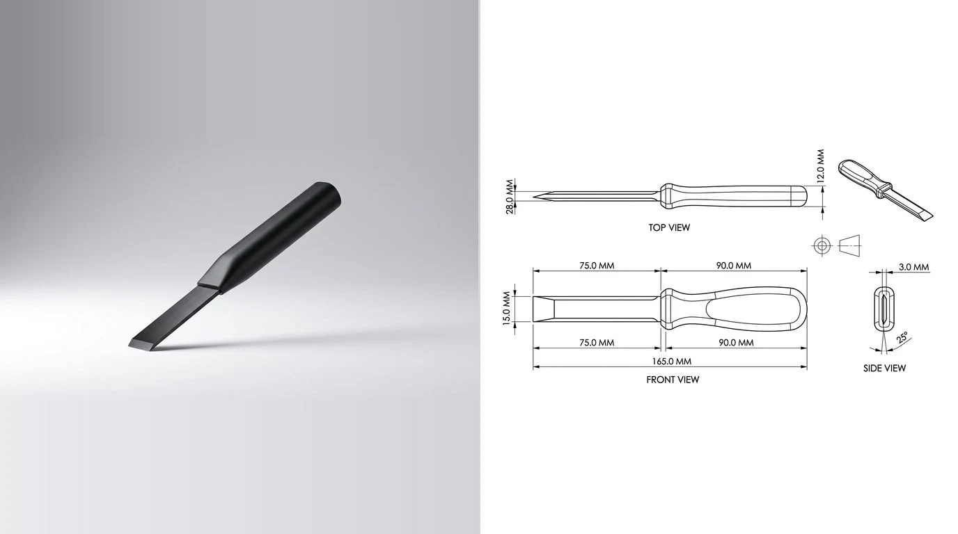 A photo of a moulded plastic hand tool with a straight handle on the left and its dimensioned technical drawing on the right