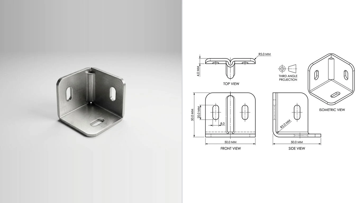 A photo of a folded steel bracket with slotted holes on the left and its dimensioned technical drawing on the right