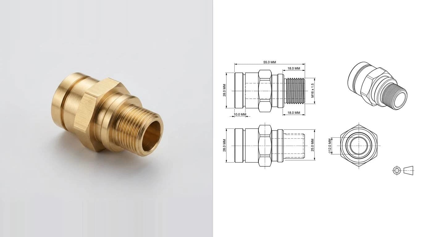 A photo of a turned brass fitting with a hex flat on the left and its dimensioned technical drawing on the right