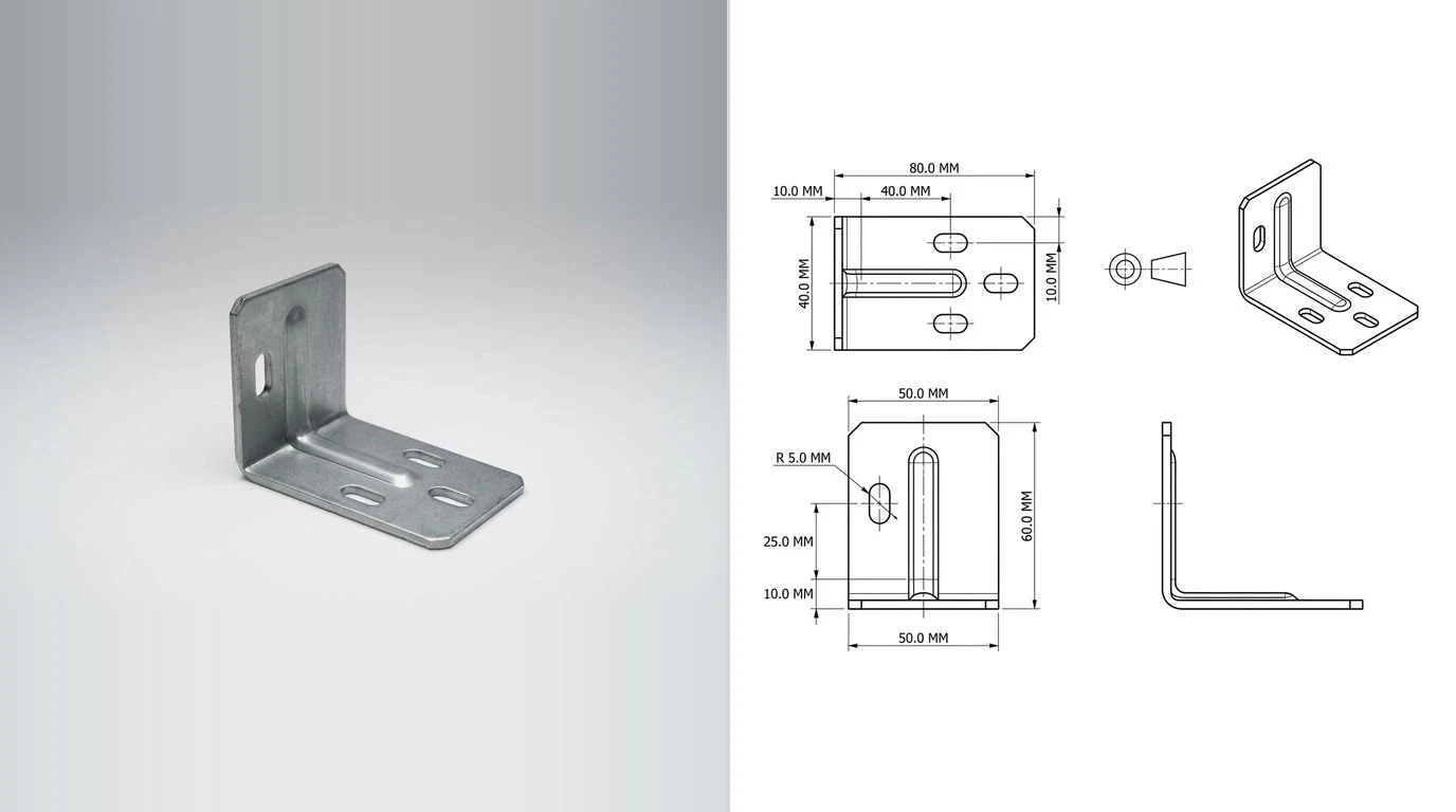 A photo of a folded steel bracket with slotted holes and a stiffening rib on the left and its dimensioned technical drawing on the right