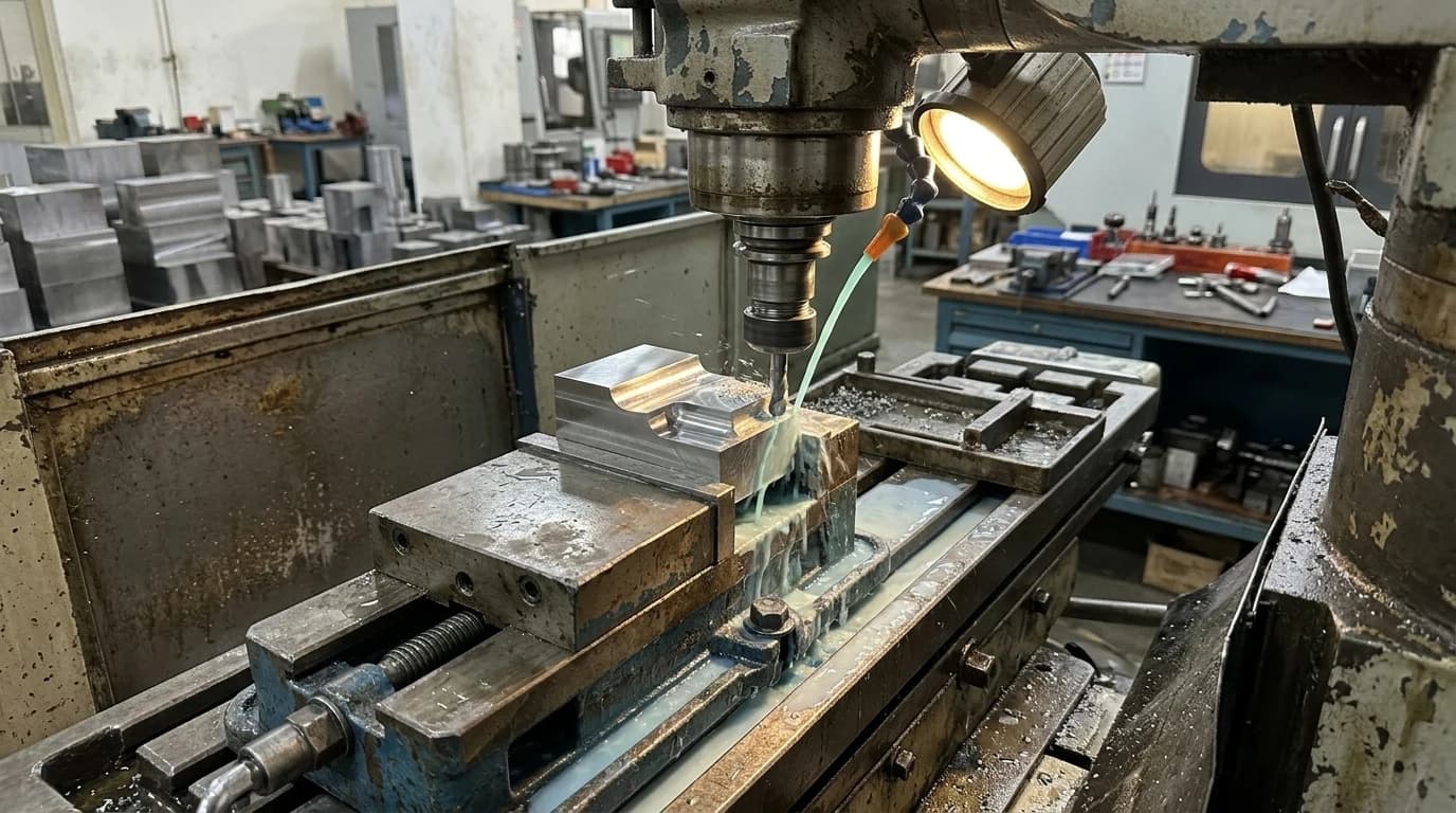 A CNC milling machine taking a fine finishing pass on a steel part in a vice