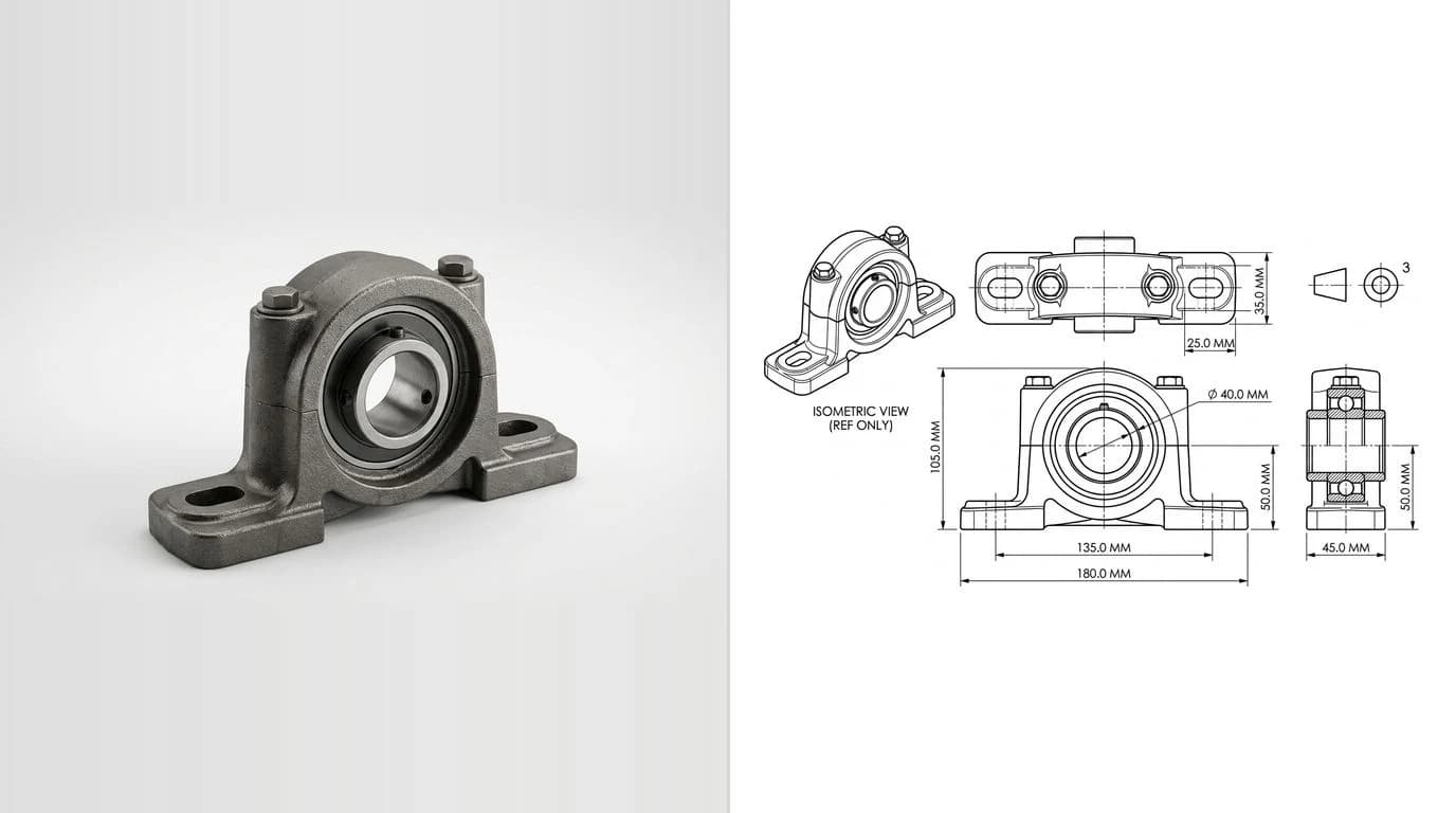 A photo of a cast iron pillow block bearing housing on the left and its dimensioned technical drawing on the right