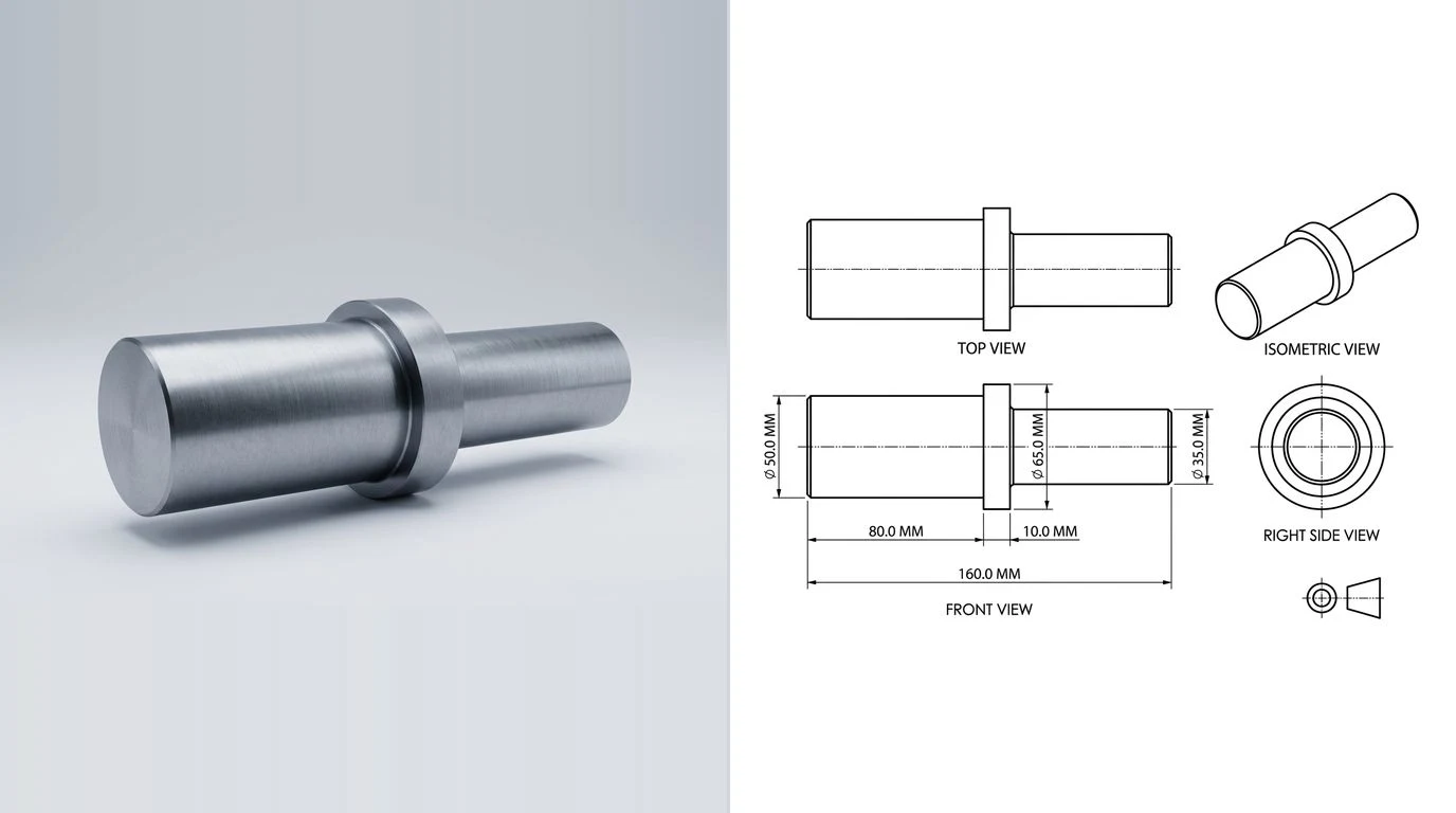 A photo of a turned steel shaft with two diameters and a shoulder on the left and its dimensioned technical drawing on the right