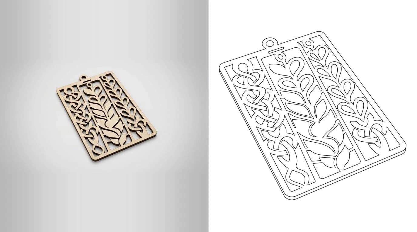 A photo of a flat laser cut plywood ornament with fine fretwork on the left and its closed cutting outline on the right