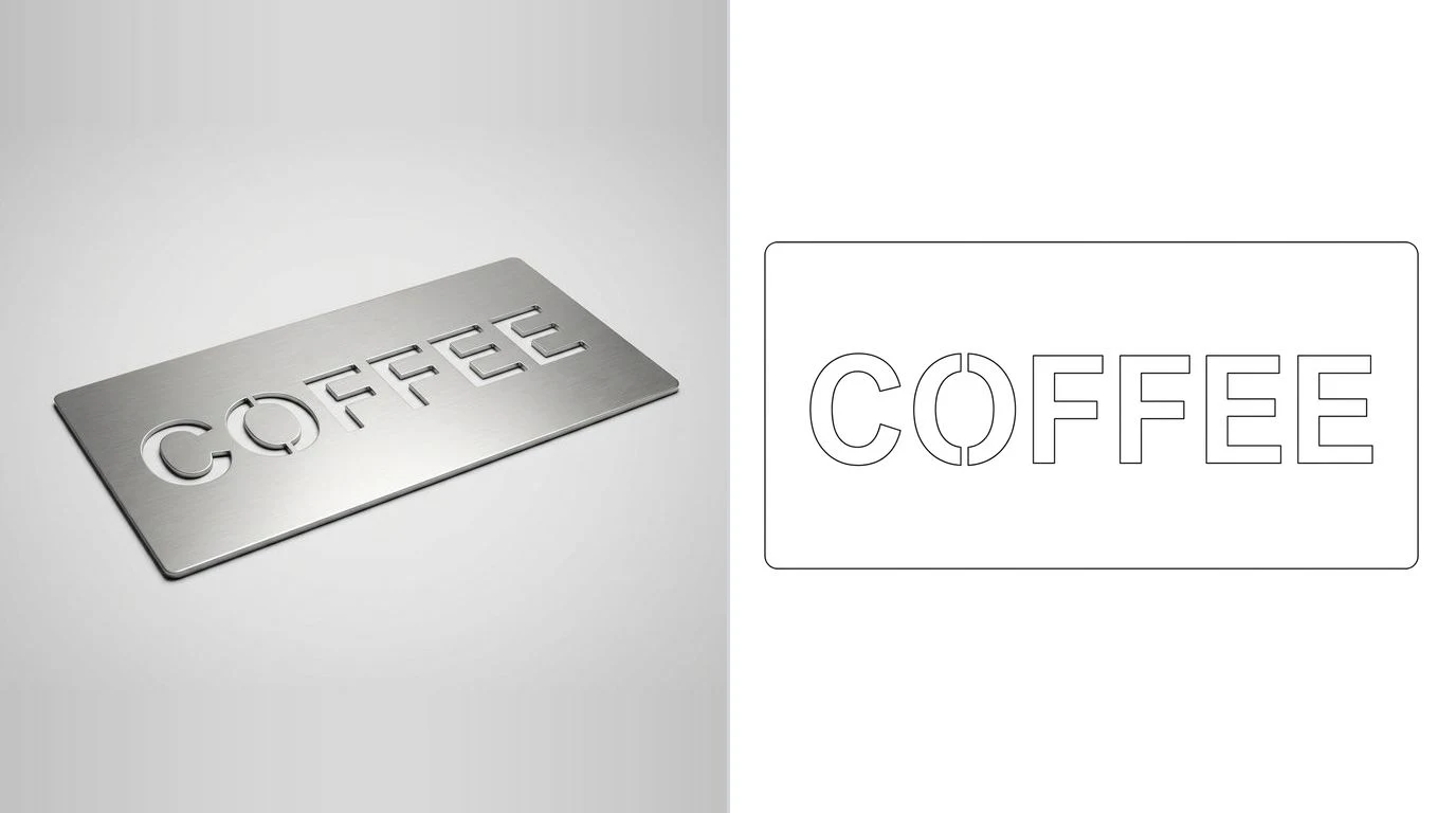 A photo of a flat cut metal sign blank with letter shaped openings on the left and its closed cutting outline on the right