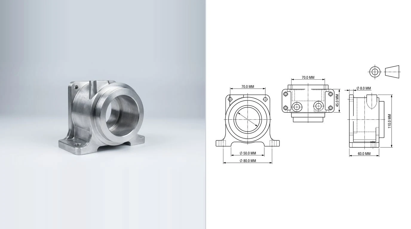 A photo of a machined aluminium pump housing on the left and its dimensioned technical drawing on the right