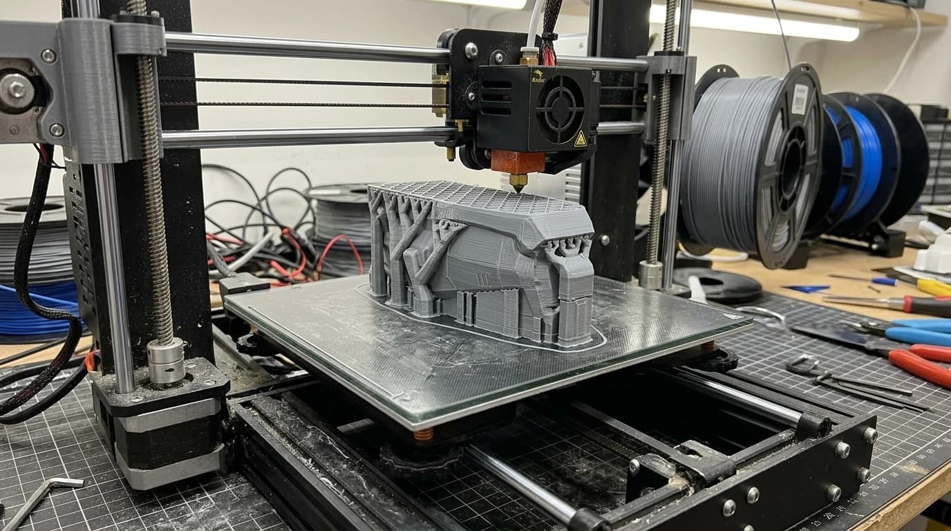A desktop 3D printer mid print with a partly finished grey plastic part on the bed