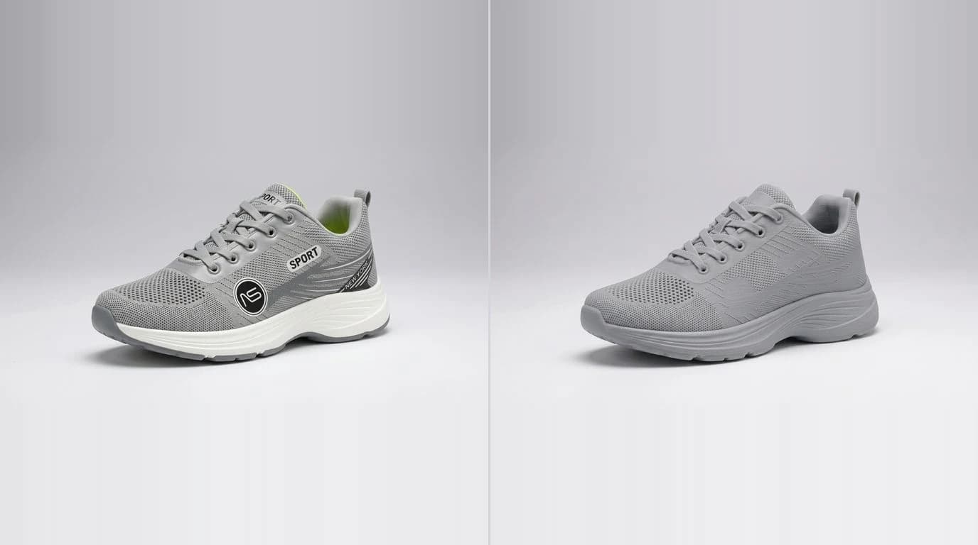 A photo of a running shoe from the side on the left and the same shoe as a grey 3D printed solid on the right
