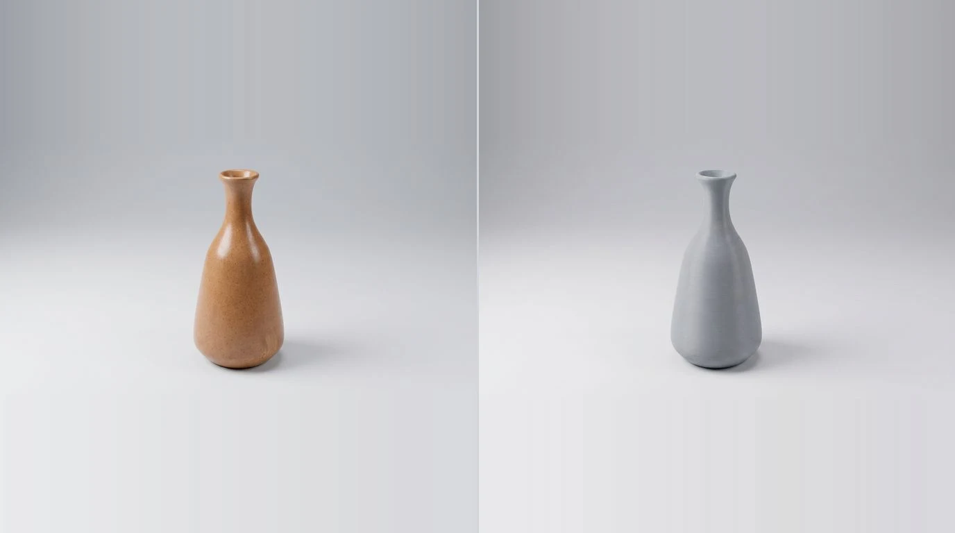 A photo of a glazed ceramic vase on the left and the same vase as a grey 3D printed solid on the right