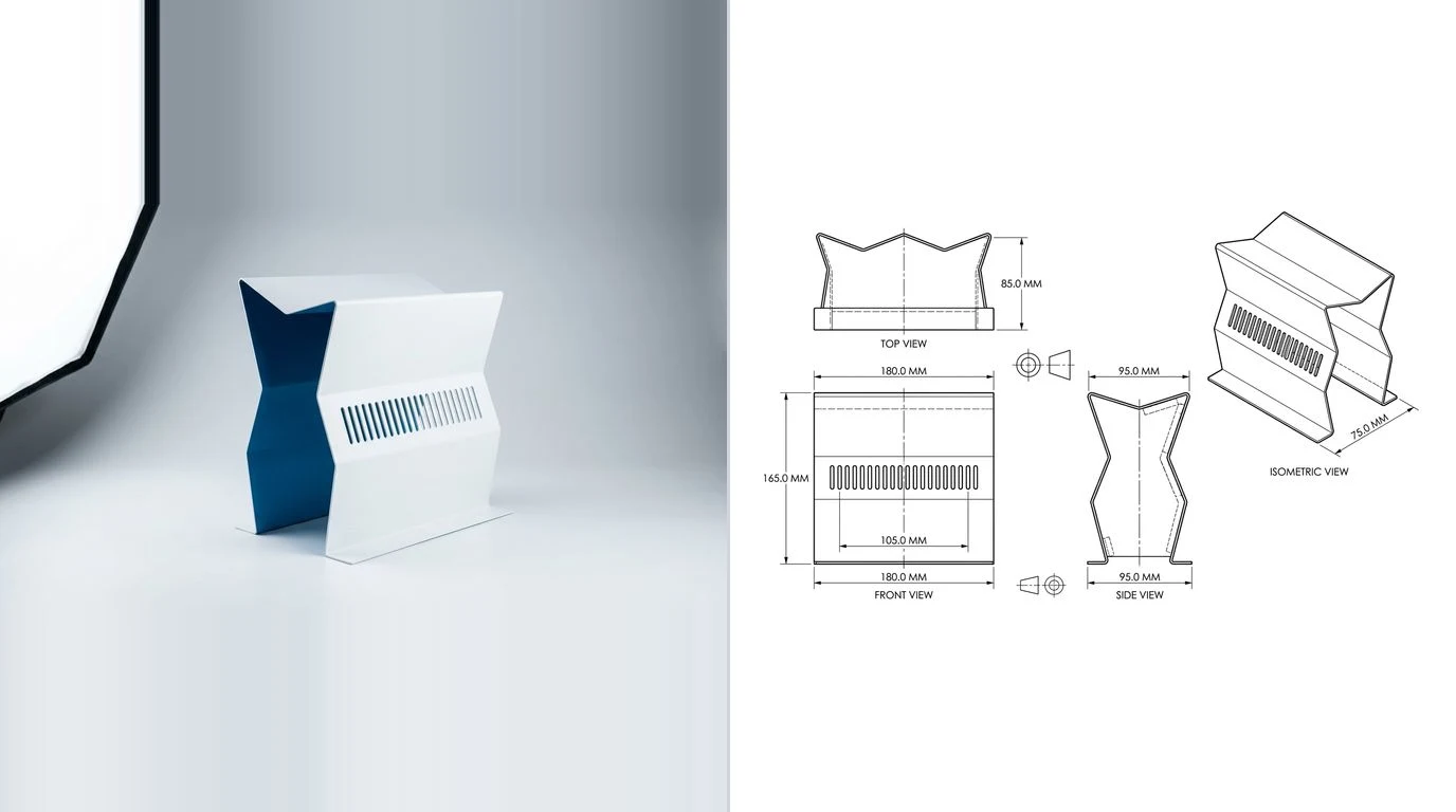 A photo of a folded sheet metal chassis with ventilation slots on the left and its dimensioned technical drawing on the right
