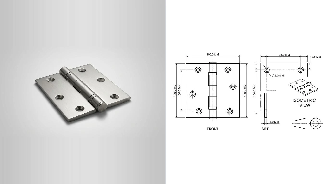 A photo of a steel butt hinge lying open and flat on the left and its dimensioned technical drawing on the right, with leaf sizes and screw hole spacing called out