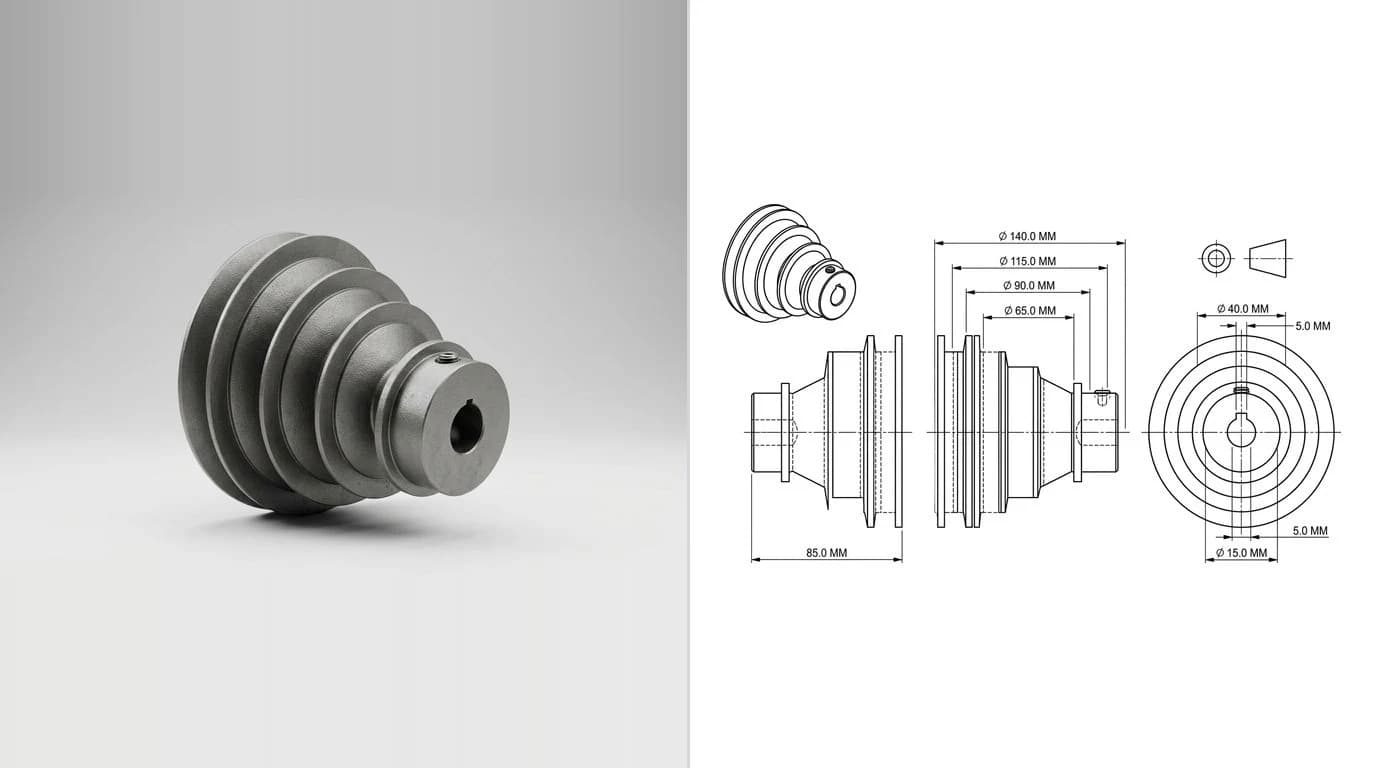 A photo of a cast iron V belt pulley on the left and its dimensioned technical drawing on the right, with the bore and the outside diameter called out