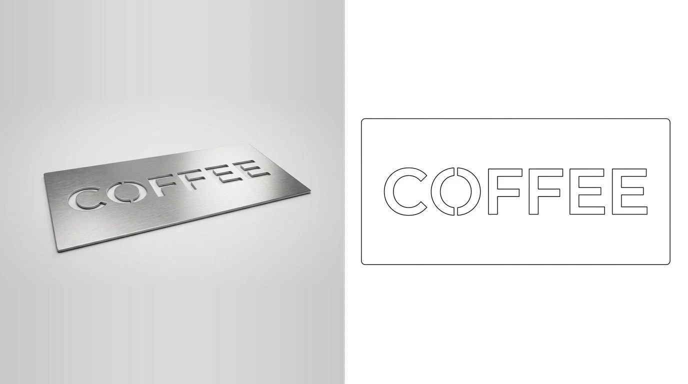 A photo of a flat cut metal sign blank with letter shaped openings on the left and its closed cutting outline on the right
