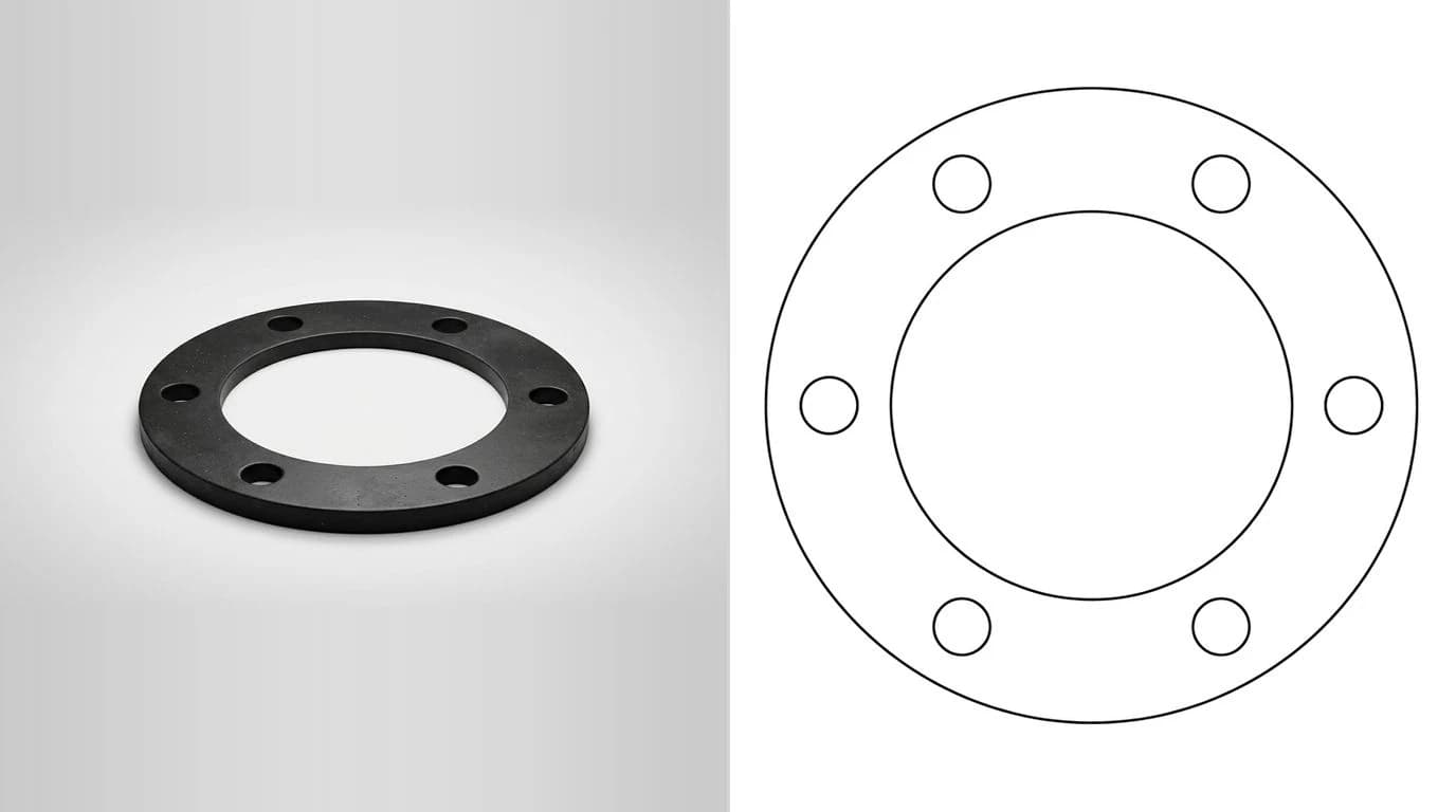 A photo of a flat rubber gasket ring with bolt holes on the left and its closed cutting outline on the right