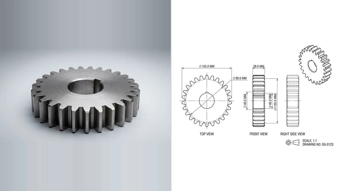 A photo of a steel spur gear lying flat on the left and its dimensioned technical drawing on the right, with the bore, the keyway and the outside diameter called out