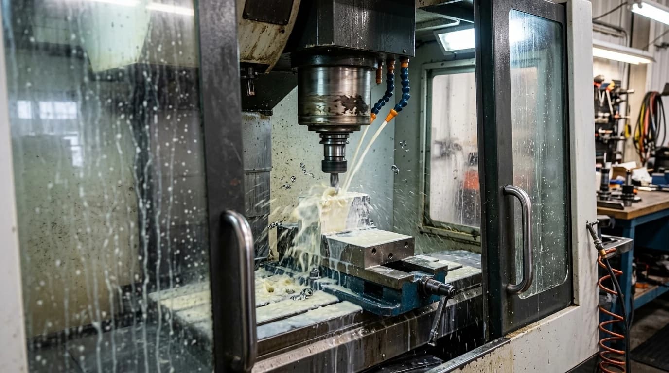 A CNC milling machine cutting an aluminium part in a vice with coolant running over it