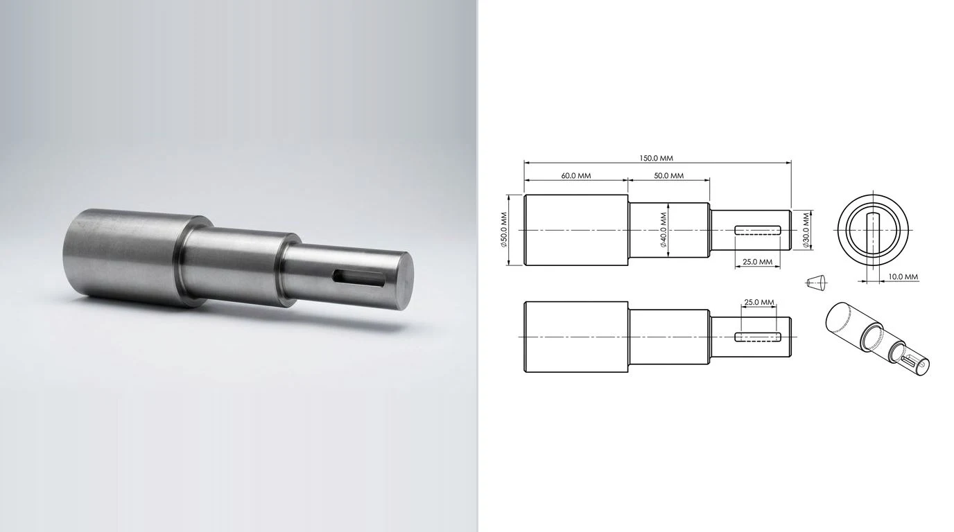 A photo of a machined steel stepped shaft on the left and its dimensioned technical drawing on the right, with the three diameters and the overall length called out
