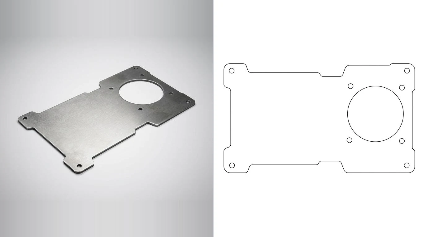 A photo of a flat laser cut steel bracket blank on the left and its closed cutting outline on the right, drawn as clean contours with every hole in place