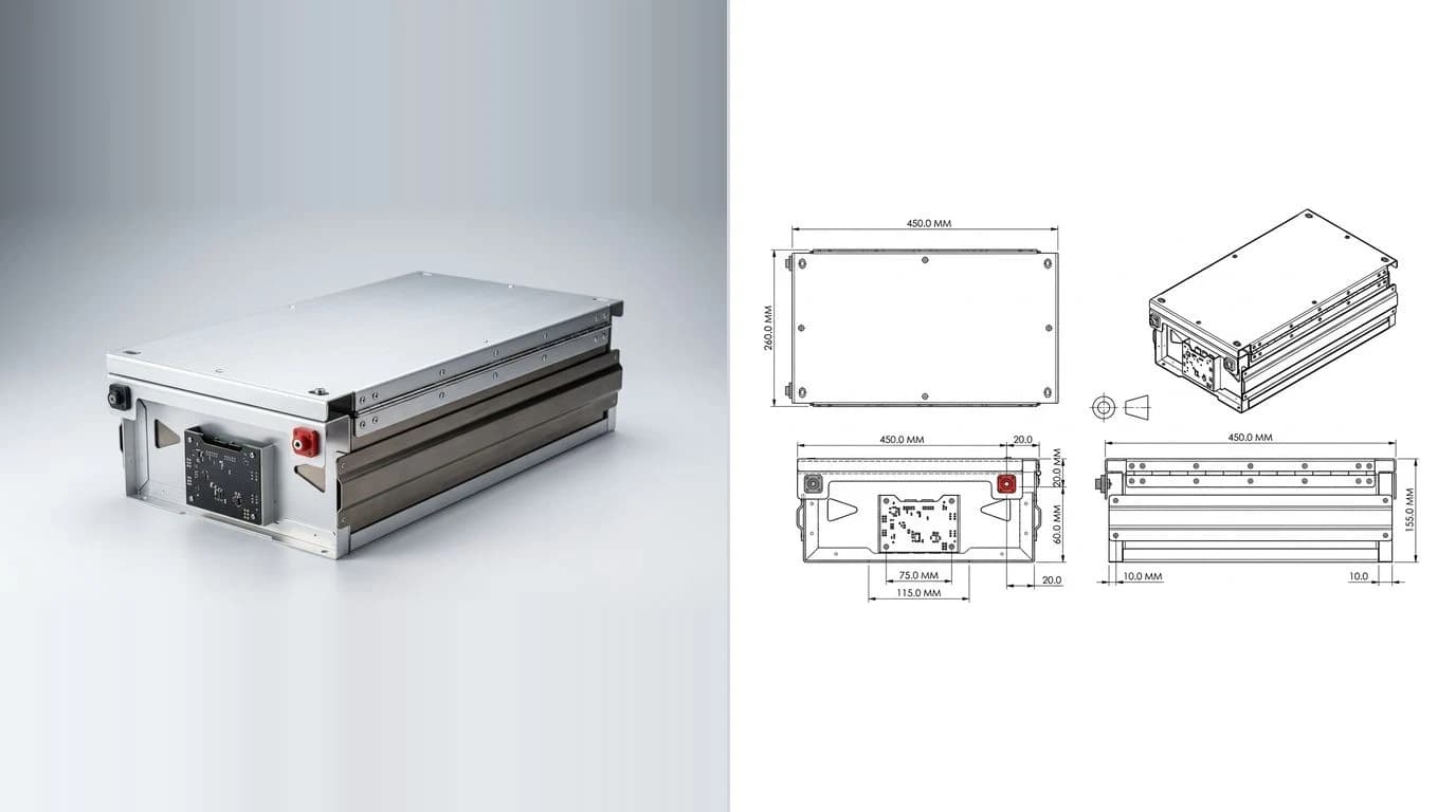 A photo of a folded sheet metal electronics enclosure on the left and its dimensioned technical drawing on the right, showing the folded body, the lid and the hole pattern