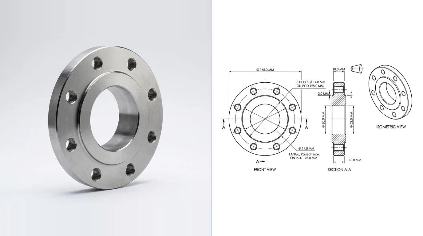 A photo of a steel pipe flange on the left and its dimensioned technical drawing on the right, with the bolt circle diameter, the bore and the flange thickness called out