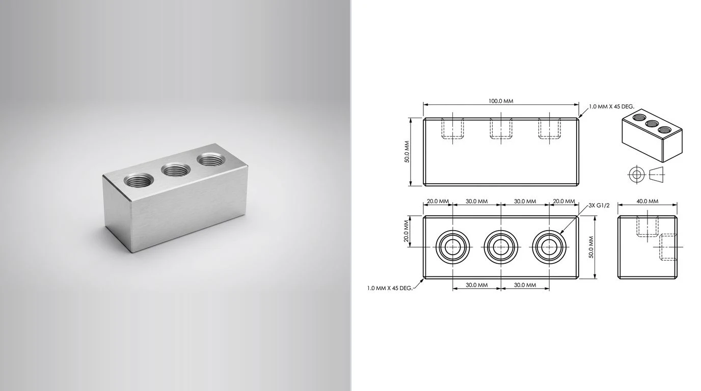 A photo of a machined aluminium hydraulic manifold block on the left and its dimensioned technical drawing on the right, with front, top and side views and diameters called out on the ports