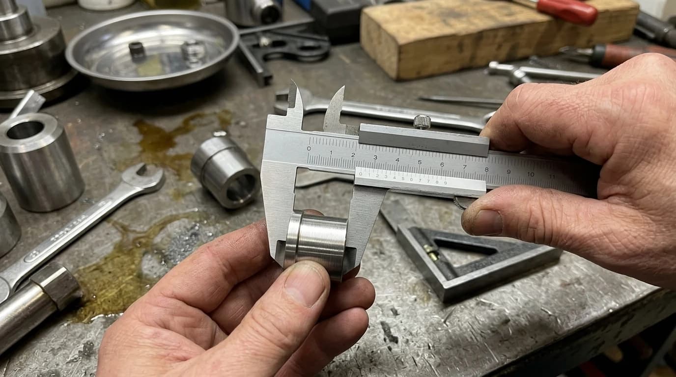 Hands measuring the outside diameter of a small machined steel part with a vernier caliper on a workbench